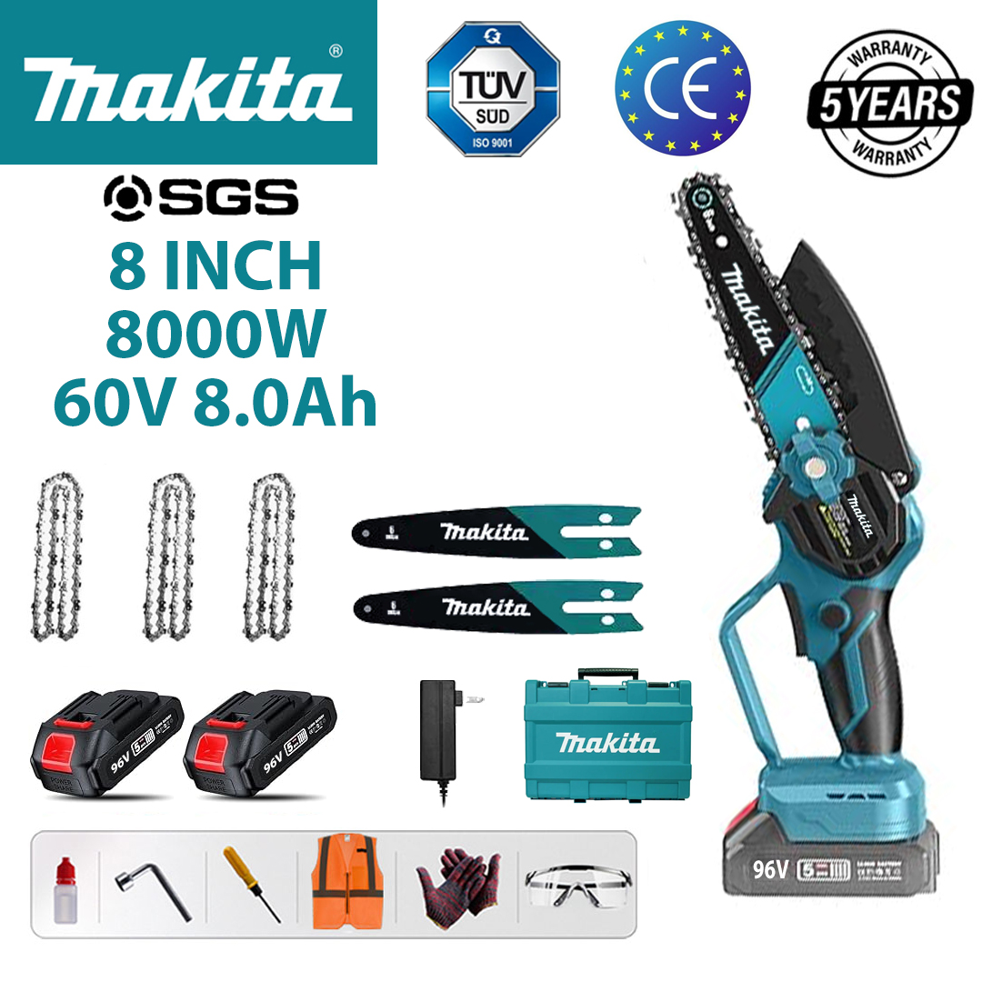 (aku tööiga 16 tundi) 8-tolline 8000W harjadeta liitiumsaag + 60V 8,0Ah aku * 2 + laadija + juhtlatt * 2 + kett * 3 + tööriistakast + määre + kaitseprillid, viieaastane garantii