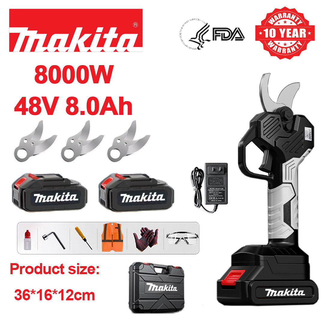 LED võimsusnäidik (aku tööiga 18 tundi) 8000W harjadeta mootor liitiumaku oksakäärid + 48V 8,0Ah akud * 2 + laadija + SK9 sulamist terad * 3 + tööriistakast + määrdeõli + kaitseprillid, garantii 10 aastat