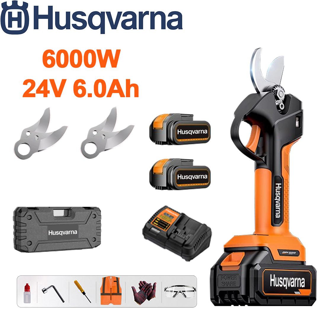 LED võimsusnäidik (aku tööiga 12 tundi) 6000W harjadeta mootor liitiumaku oksakäärid + 24V 6,0Ah akud * 2 + laadija + SK9 sulamist terad * 2 + tööriistakast + määrdeõli + kaitseprillid, garantii 10 aastat