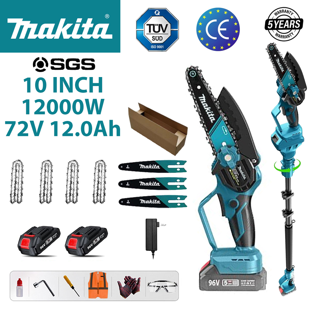 [1,2–4,6 M sissetõmmatav] (aku tööiga 36 tundi) 10-tolline 12 000 W harjadeta liitiumkettsaag + teleskoopvarras + 72 V 12,0 Ah aku * 2 + laadija + juhtlatt * 3 + kett * 4 + tööriista hoiukarp + määrdeaine, Five-Goe
